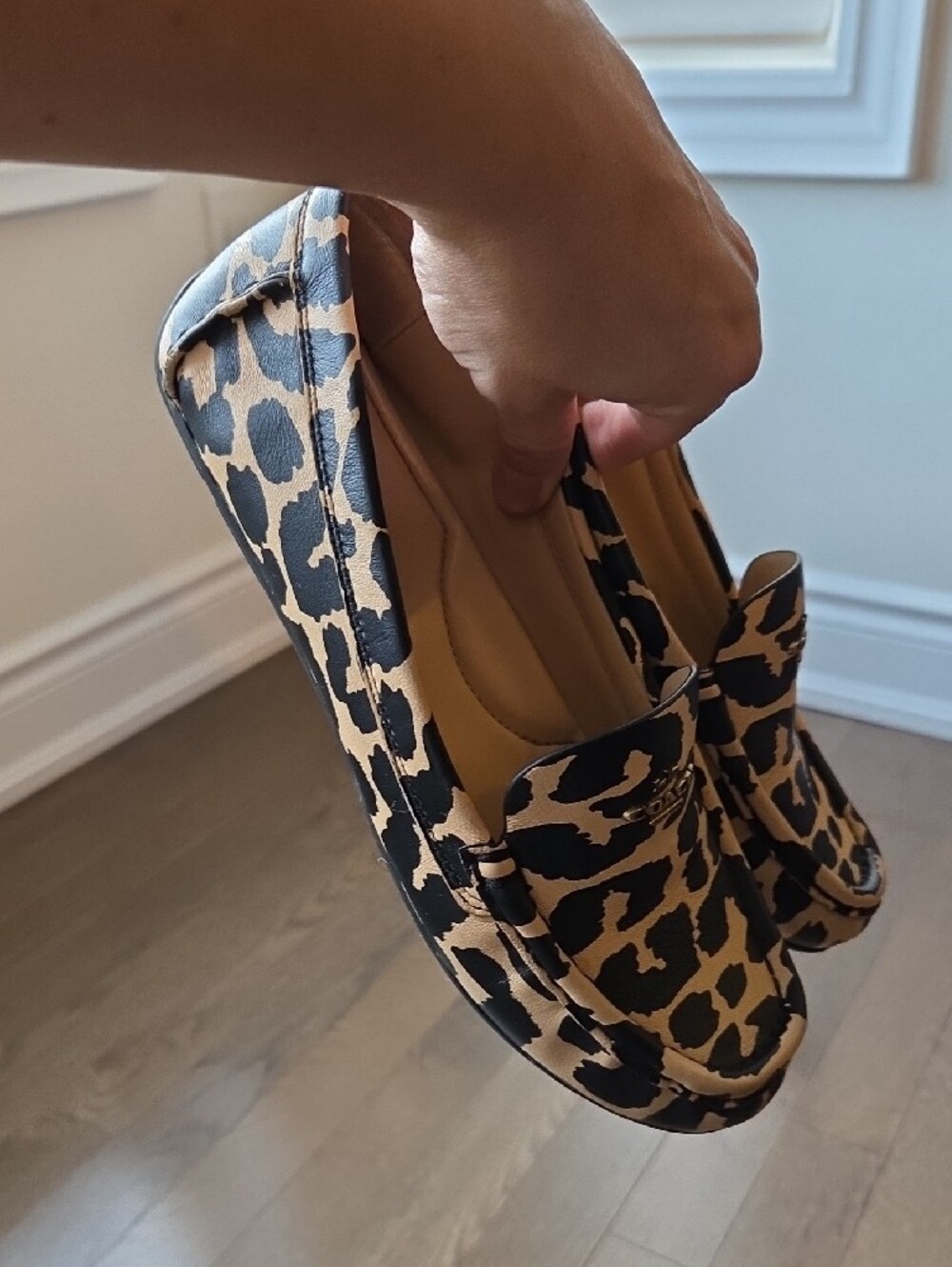 COACH Leopard-Print Leather Driving Loafers in Black and Beige - Picture 3 of 16
